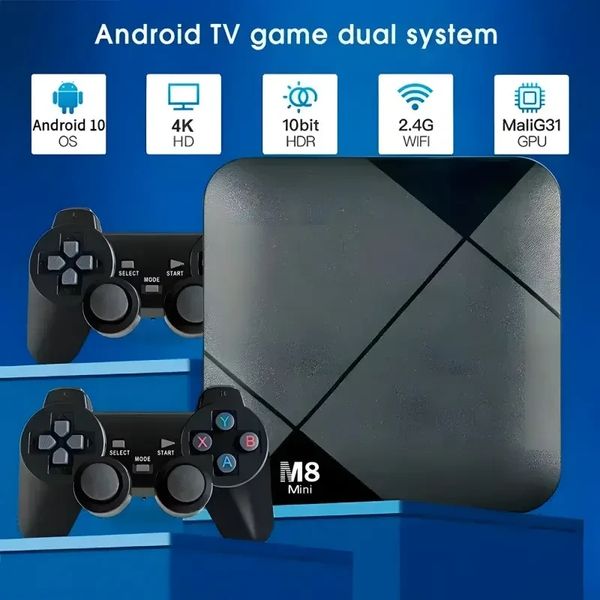 Ігрова приставка M8 mini 4K Android TV, 64 gb, з вбудованим емулятором ретроігор і джойстиками Ігрова ТВ-приставка M8 mini 4K Android TV з вбудованим емулятором ретроігор і двома бездротовими геймпадами — це не просто пристрій для телевізора, а цілий світ MelM8 mini фото