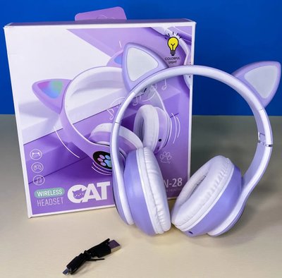 Бездротові Bluetooth-навушники Cat STN-28 Котячі вушка Гарнітура з мікрофоном FM радіо, підсвічування 239STN-28 Фиолетовый фото