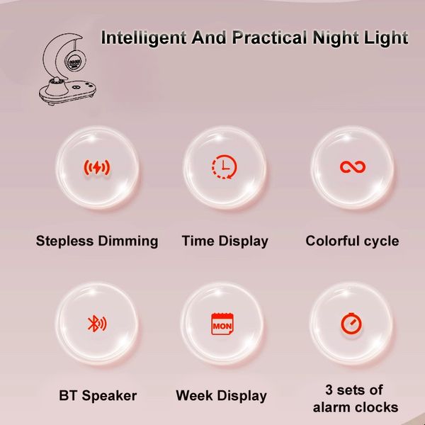 Настільний RGB-нічник-луна з годинником/колонкою й бездротовою зарядкою для телефона. Нічник-зарядка з дисплеєм TB-35SLIWBT фото