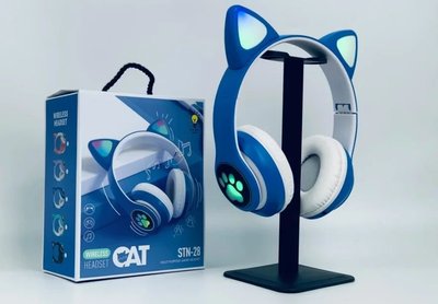 Якісні бездротові дитячі навушники з котячими вушками з підсвіткою bluetooth навушники Світні Котячі вушка 239STN-28 Син фото